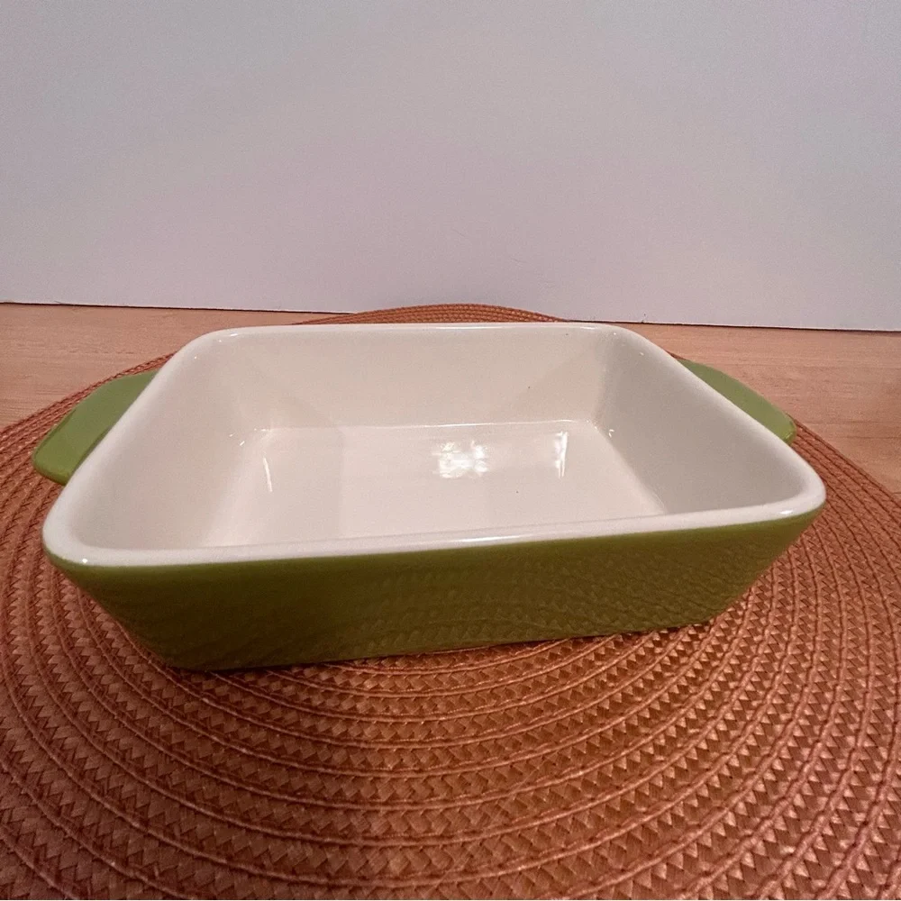 Crate & Barrel Avery Ceramic Baking Dish Green With White Interior & Handles